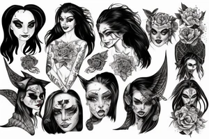 Demon Girl Elaborate Detailed Vivid Smokey Grim Wicked Smirk nonabstract mural tattoo idea