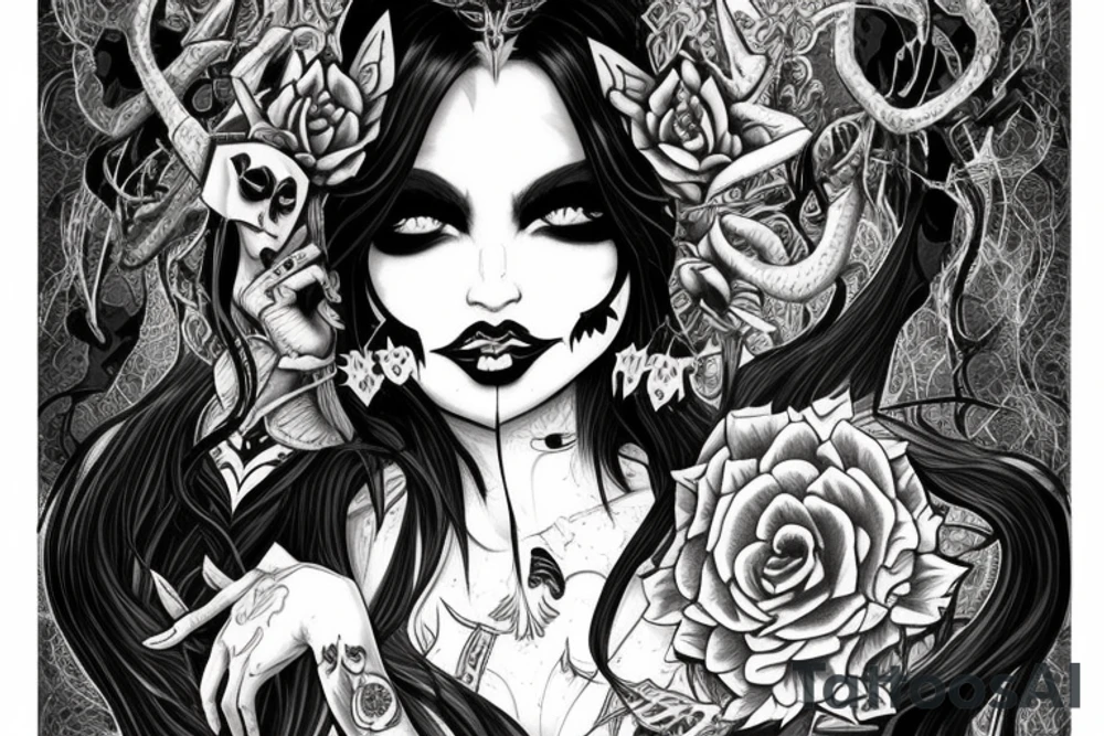 Demon Girl Elaborate Detailed Vivid Smokey Grim Wicked Smirk nonabstract mural tattoo idea