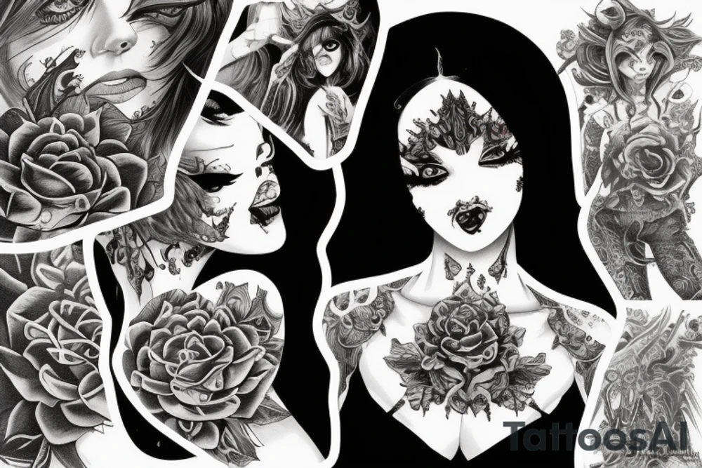 Demon Girl Elaborate Detailed Vivid Smokey Grim Wicked Smirk mural tattoo idea