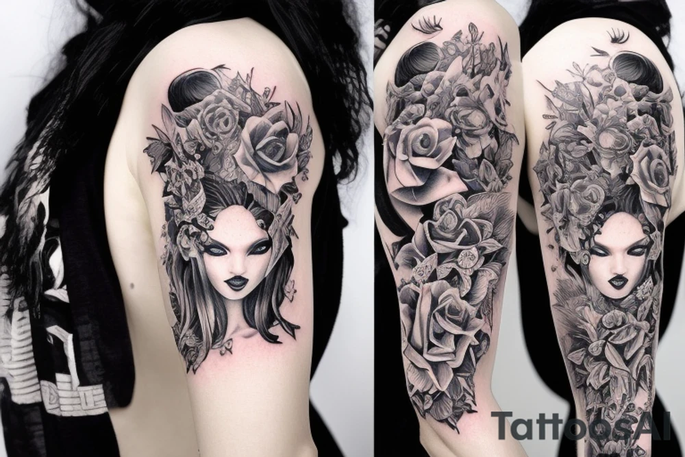 Demon Girl Elaborate Detailed Vivid Smokey Grim Wicked Smirk mural tattoo idea