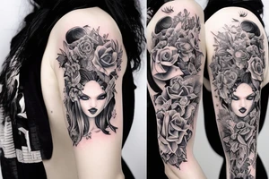 Demon Girl Elaborate Detailed Vivid Smokey Grim Wicked Smirk  mural tattoo idea