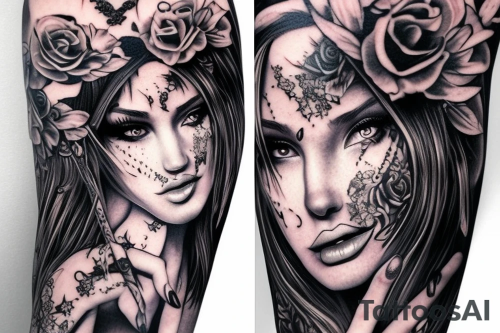 Demon Girl Elaborate Detailed Vivid Smokey Grim Wicked Smirk mural tattoo idea