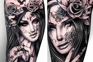 Demon Girl Elaborate Detailed Vivid Smokey Grim Wicked Smirk  mural tattoo idea