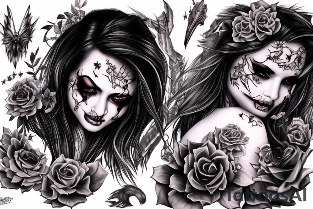 Demon Girl Elaborate Detailed Vivid Smokey Grim Wicked Smirk mural tattoo idea
