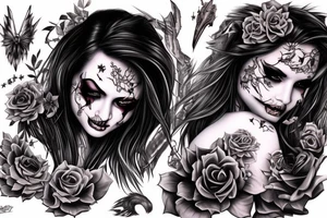 Demon Girl Elaborate Detailed Vivid Smokey Grim Wicked Smirk  mural tattoo idea