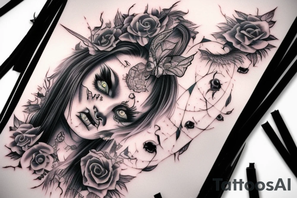 Demon Girl Elaborate Detailed Vivid Smokey Grim Wicked Smirk Beautiful Devil tattoo idea