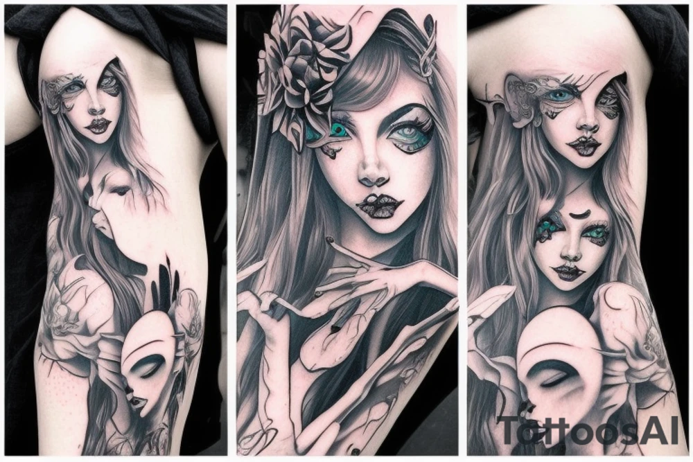 Demon Girl Elaborate Detailed Vivid Smokey Grim Wicked Smirk Beautiful Devil tattoo idea