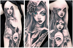 Demon Girl Elaborate Detailed Vivid Smokey Grim Wicked Smirk Beautiful Devil tattoo idea