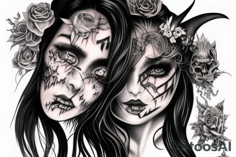 Demon Girl Elaborate Detailed Vivid Smokey Grim Wicked Smirk Beautiful Devil tattoo idea