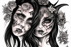 Demon Girl Elaborate Detailed Vivid Smokey Grim Wicked Smirk Beautiful Devil tattoo idea