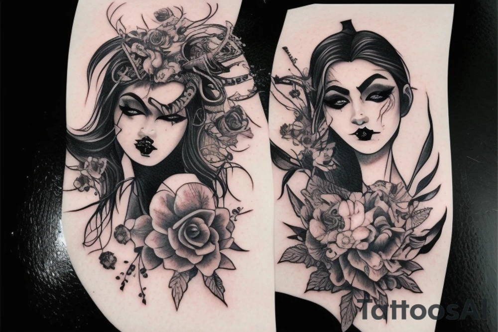 Demon Girl Elaborate Detailed Vivid Smokey Grim Wicked Smirk Beautiful Devil tattoo idea