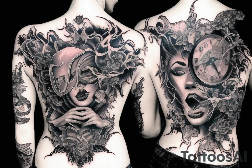 Demon Girl Elaborate Detailed Vivid Smokey Grim Wicked Smirk Beautiful Devil tattoo idea
