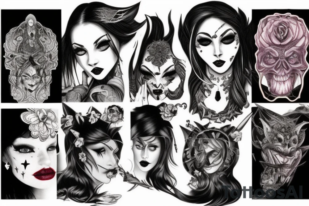 Demon Girl Elaborate Detailed Vivid Smokey Grim Wicked Smirk Beautiful Devil tattoo idea