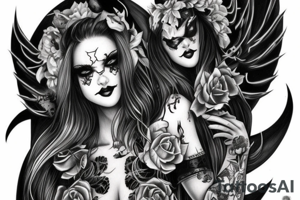 Demon Girl Elaborate Detailed Vivid Smokey Grim Wicked Smirk Beautiful Devil tattoo idea