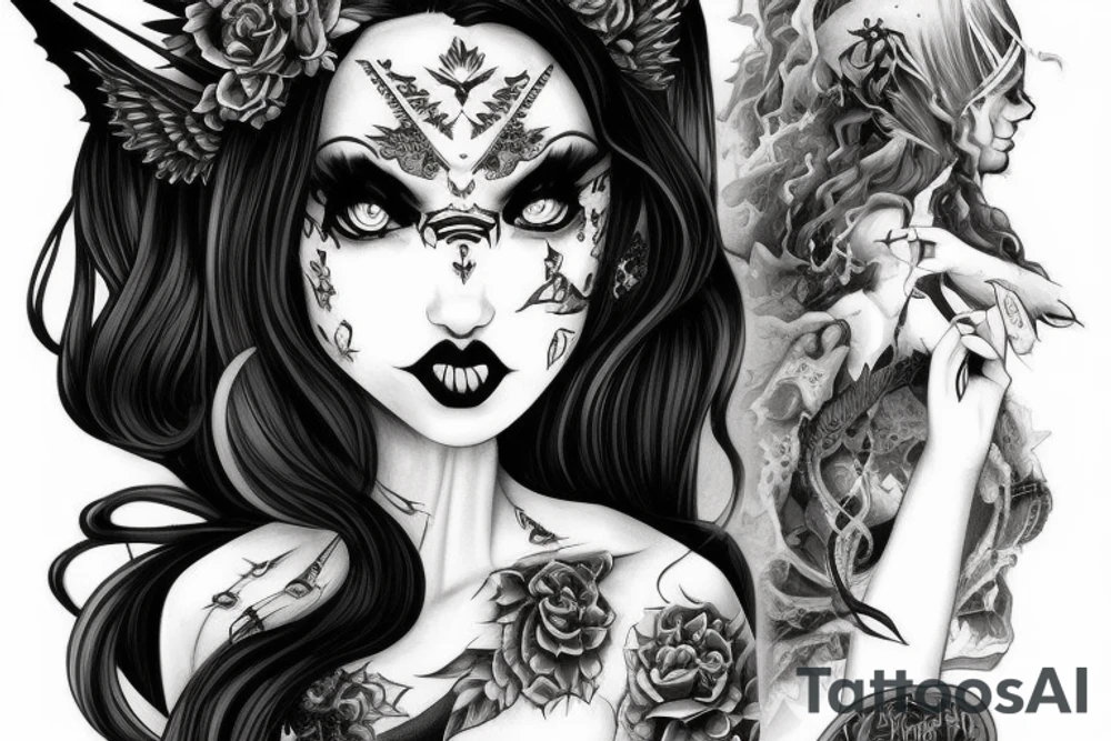 Demon Girl Elaborate Detailed Vivid Smokey Grim Wicked Smirk Beautiful Devil tattoo idea