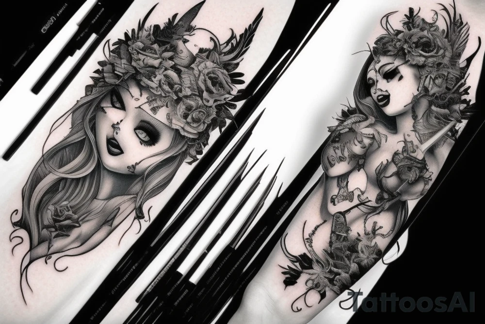 Gorgeous Demon Girl Elaborate Detailed Vivid Smokey Grim Wicked Smirk Beautiful tattoo idea