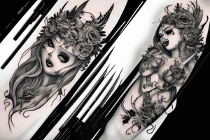 Gorgeous Demon Girl Elaborate Detailed Vivid Smokey Grim Wicked Smirk Beautiful tattoo idea
