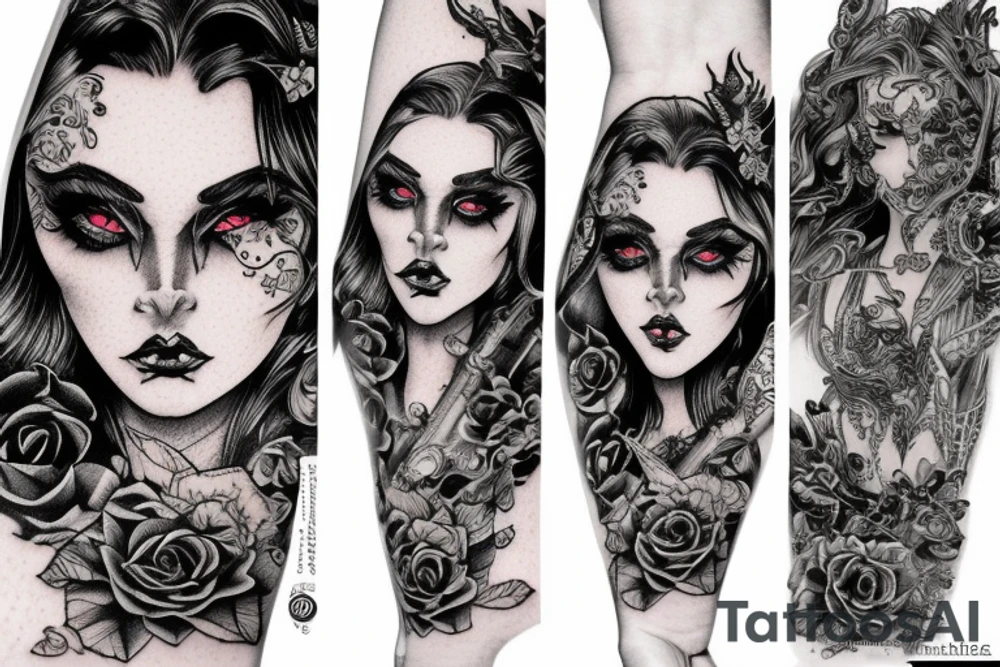 Gorgeous Demon Girl Elaborate Detailed Vivid Smokey Grim Wicked Smirk Beautiful tattoo idea