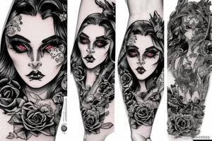 Gorgeous Demon Girl Elaborate Detailed Vivid Smokey Grim Wicked Smirk Beautiful tattoo idea
