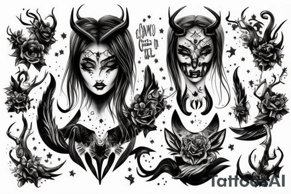 Gorgeous Demon Girl Elaborate Detailed Vivid Smokey Grim Wicked Smirk Beautiful tattoo idea