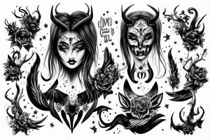 Gorgeous Demon Girl Elaborate Detailed Vivid Smokey Grim Wicked Smirk Beautiful tattoo idea