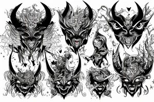 Gorgeous Demon Girl Elaborate Detailed Vivid Smokey Grim Wicked Smirk Beautiful Witchcraft tattoo idea