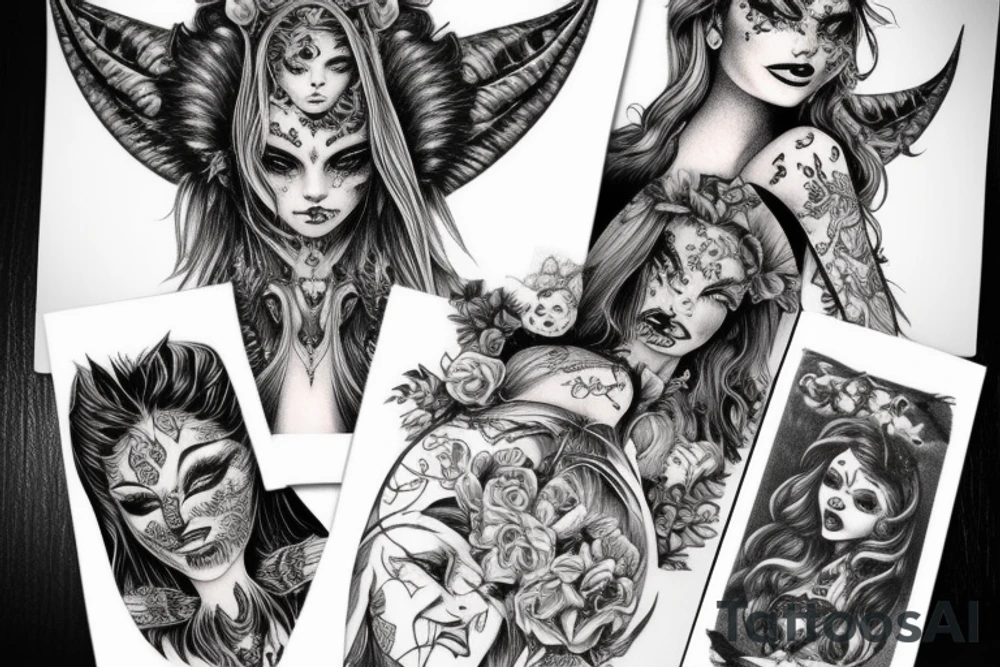 Gorgeous Demon Girl Elaborate Detailed Vivid Smokey Grim Wicked Smirk Beautiful Witchcraft tattoo idea
