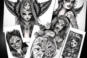Gorgeous Demon Girl Elaborate Detailed Vivid Smokey Grim Wicked Smirk Beautiful Witchcraft tattoo idea