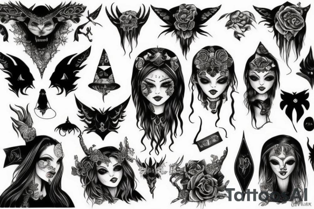 Gorgeous Demon Girl Elaborate Detailed Vivid Smokey Grim Wicked Smirk Beautiful Witchcraft tattoo idea
