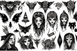 Gorgeous Demon Girl Elaborate Detailed Vivid Smokey Grim Wicked Smirk Beautiful Witchcraft tattoo idea