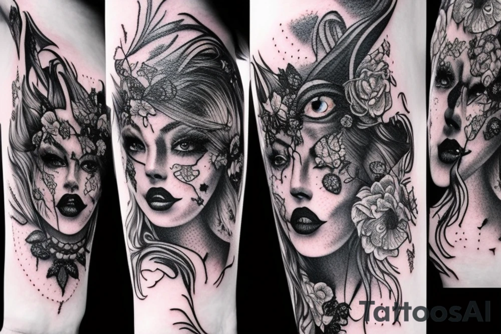 Gorgeous Demon Girl Elaborate Detailed Vivid Smokey Grim Wicked Smirk Beautiful Witchcraft tattoo idea
