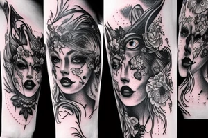 Gorgeous Demon Girl Elaborate Detailed Vivid Smokey Grim Wicked Smirk Beautiful Witchcraft tattoo idea