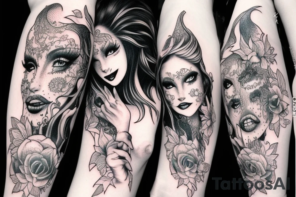 Gorgeous Demon Girl Elaborate Detailed Vivid Smokey Grim Wicked Smirk Beautiful Witchcraft tattoo idea