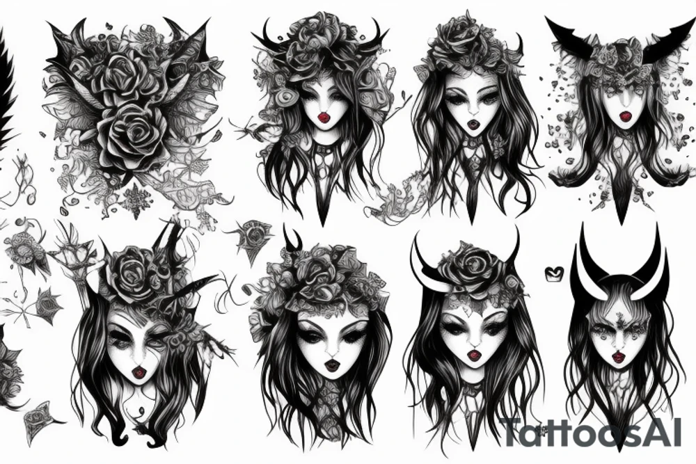 Gorgeous Demon Girl Elaborate Detailed Vivid Smokey Grim Wicked Smirk Beautiful Witchcraft tattoo idea