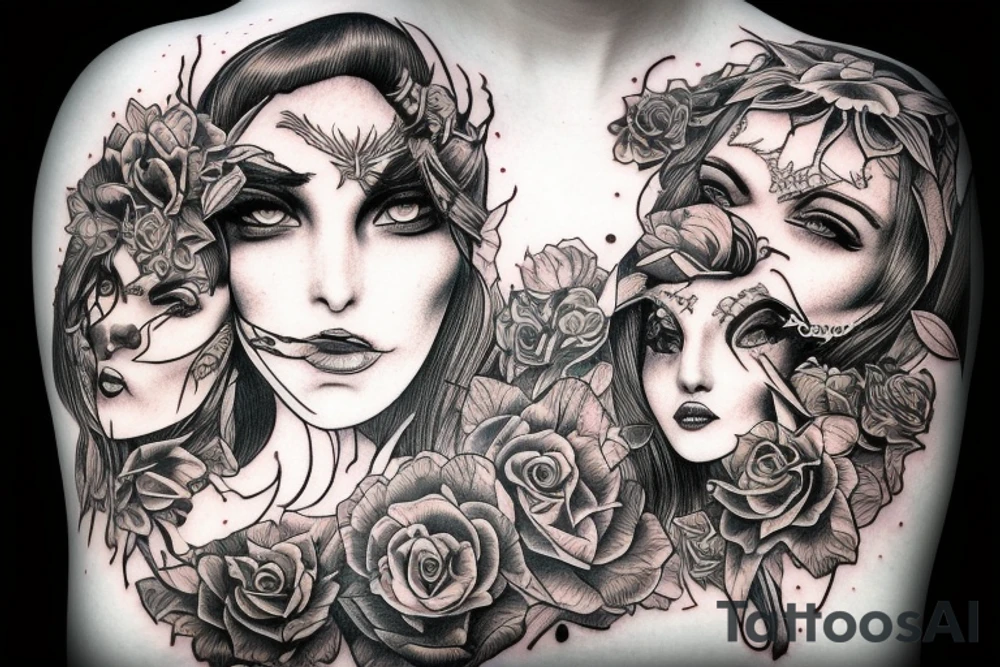 Gorgeous Demon Girl Elaborate Detailed Vivid Smokey Grim Wicked Smirk Beautiful Witchcraft tattoo idea