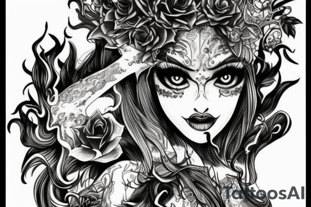 Gorgeous Demon Girl Elaborate Detailed Vivid Smokey Wicked Smirk Beautiful Witchcraft tattoo idea