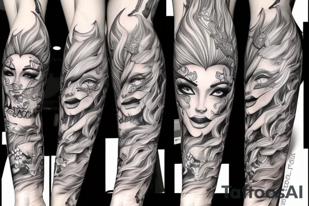 Gorgeous Demon Girl Elaborate Detailed Vivid Smokey Wicked Smirk Beautiful tattoo idea