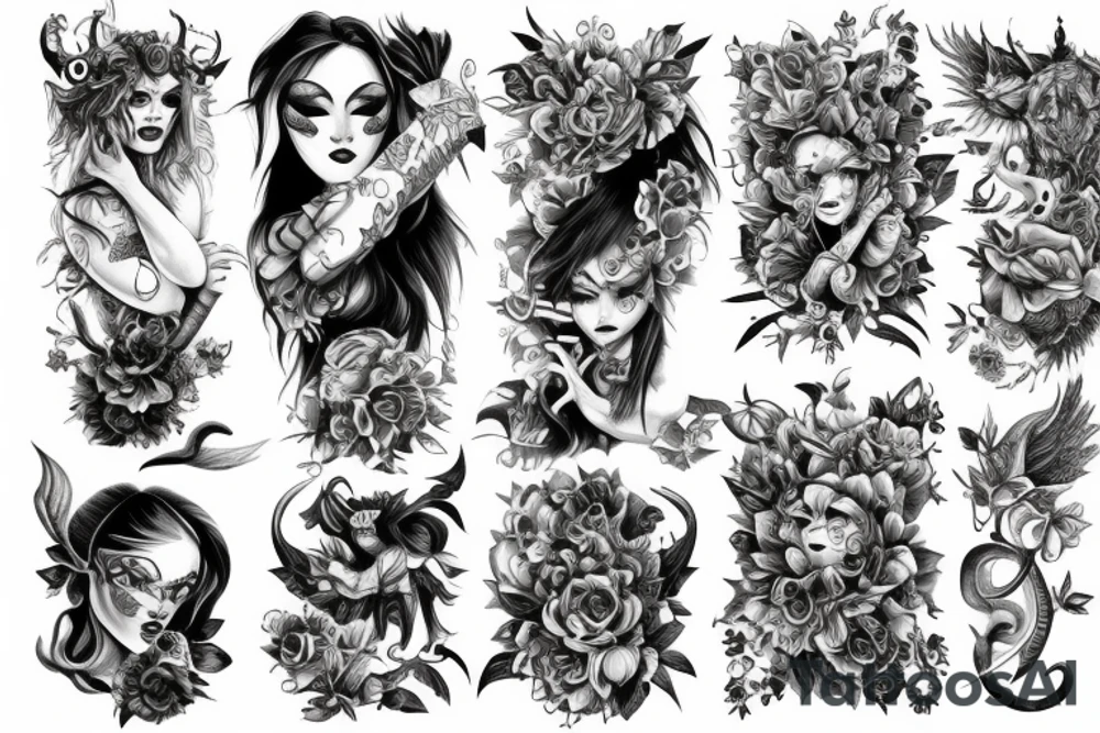 Gorgeous Demon Girl Elaborate Detailed Vivid Smokey Wicked Smirk Beautiful tattoo idea