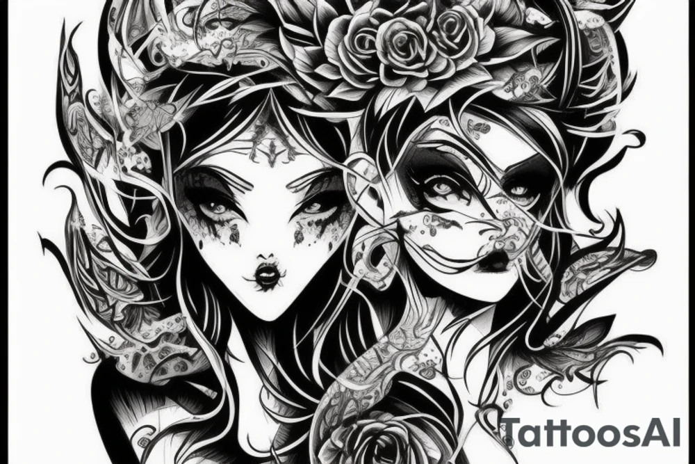 Gorgeous Demon Girl Elaborate Detailed Vivid Smokey Wicked Smirk Beautiful tattoo idea