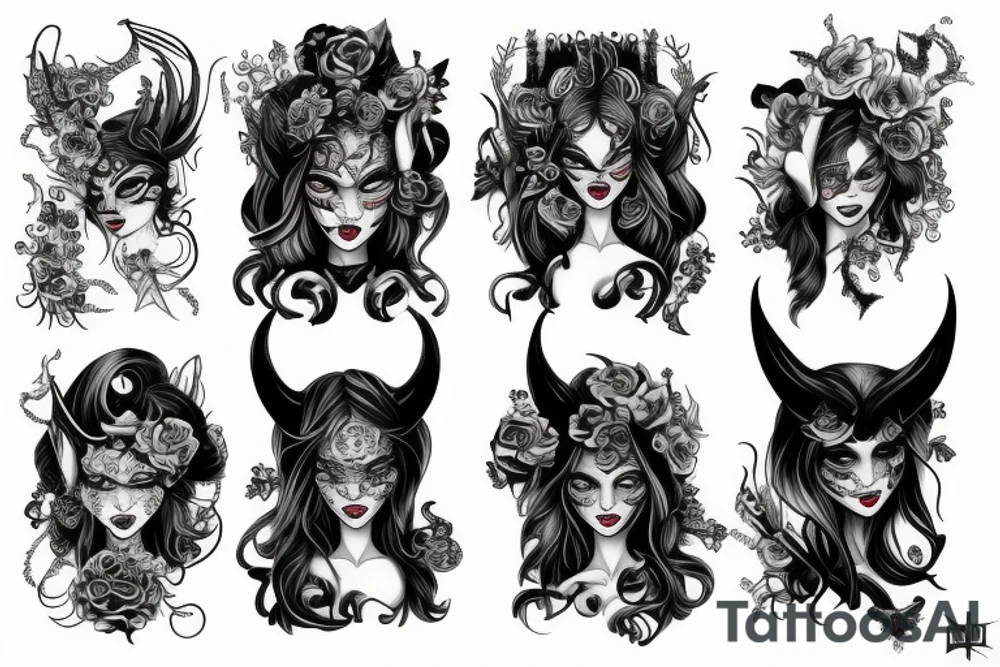 Gorgeous Demon Girl Elaborate Detailed Vivid Smokey Wicked Smirk Beautiful tattoo idea