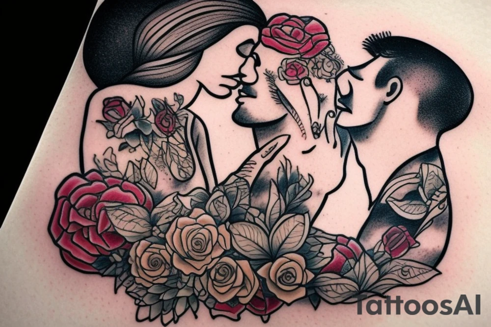 man and woman kissing each other, full color, no flowers tattoo idea