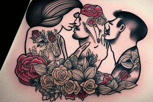 man and woman kissing each other, full color, no flowers tattoo idea