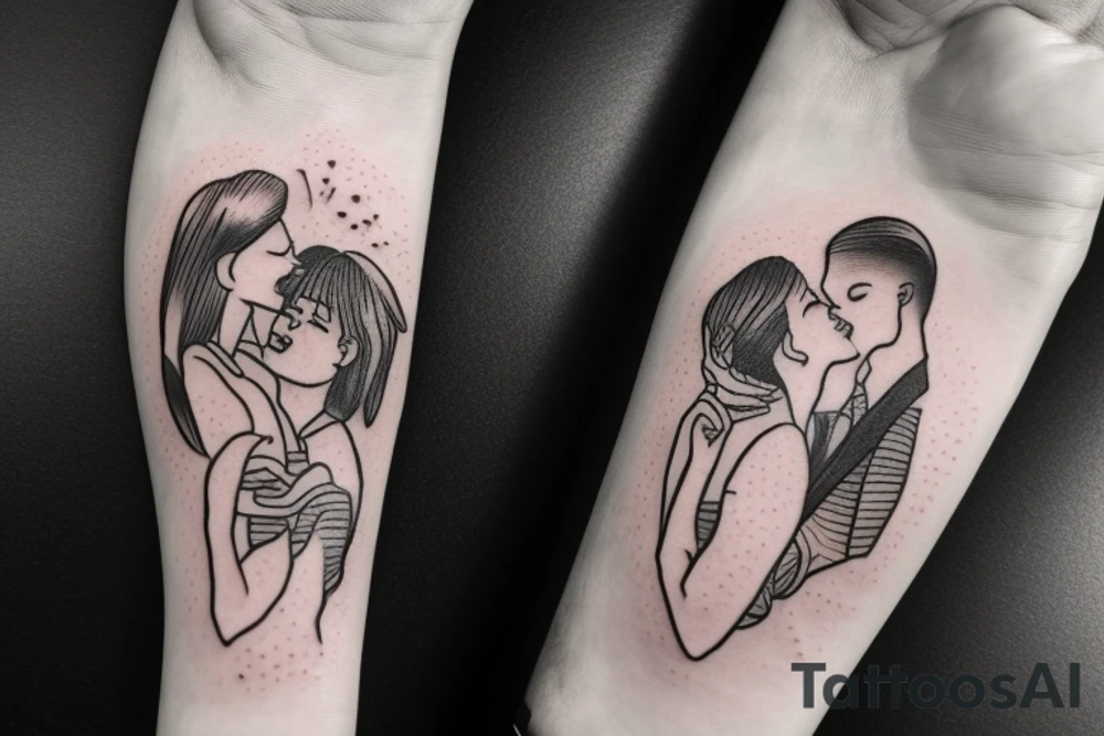 man and woman kissing each other, full color, no flowers tattoo idea