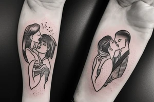 man and woman kissing each other, full color, no flowers tattoo idea