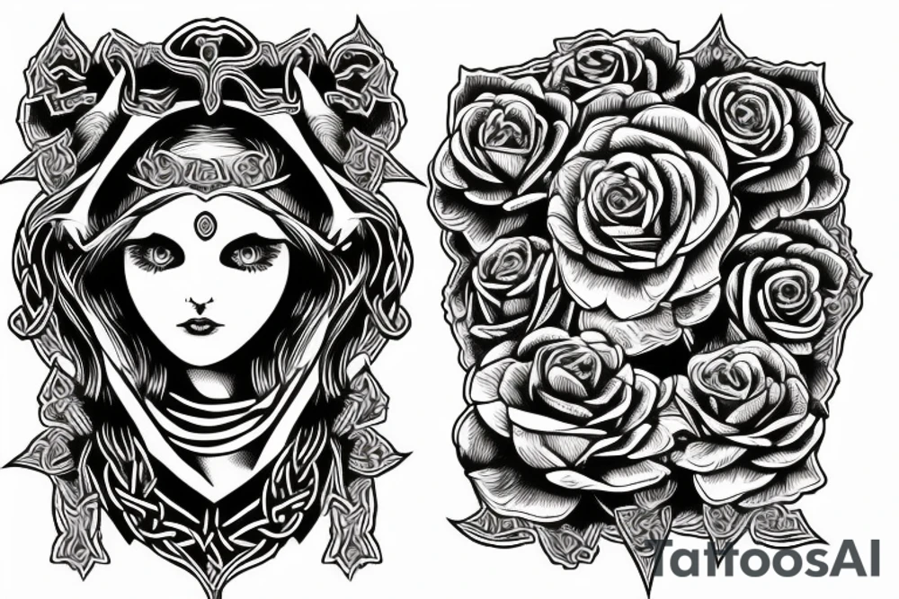 Witch Girl Intricate Beautiful Stoic Roses Viking Norse tattoo idea