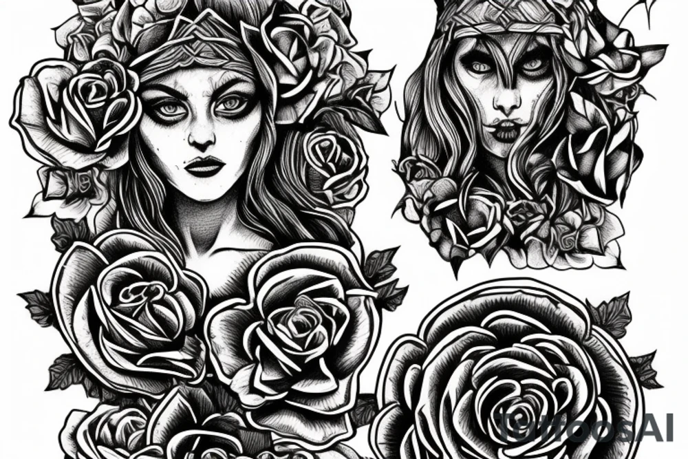 Witch Girl Intricate Beautiful Stoic Roses Viking Norse tattoo idea