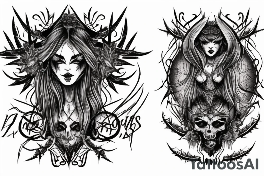 Demonic Badass Woman Babe Thorns Smokey Intricate Detailed Pretty Runes tattoo idea