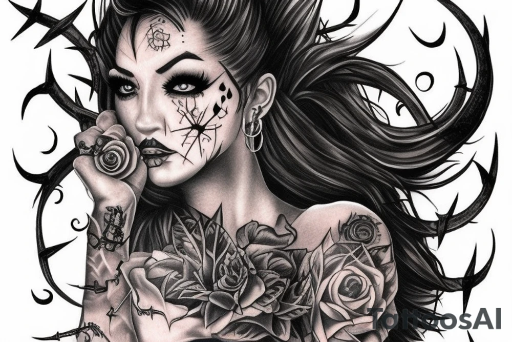 Demonic Badass Woman Babe Thorns Smokey Intricate Detailed Pretty Runes tattoo idea