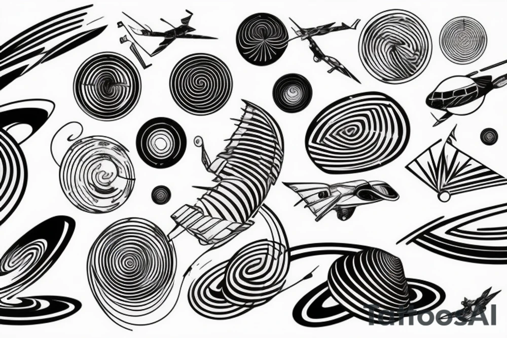 flying spirals space Synthwave Stil, 2d digitale Vektorgrafik finelinestyle illustration tattoo idea
