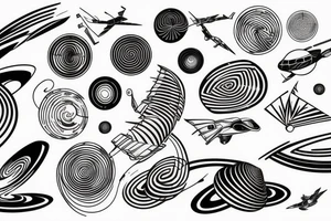 flying spirals space Synthwave Stil, 2d digitale Vektorgrafik finelinestyle illustration tattoo idea